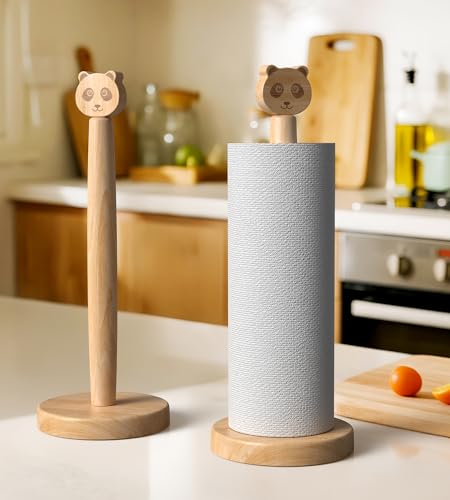 KitchLife Cute Wooden Paper Towel Holder Countertop - Solid Freestanding Paper Towel Dispenser Stand Organizer with Anti-Skid Base (Panda) - style: Panda