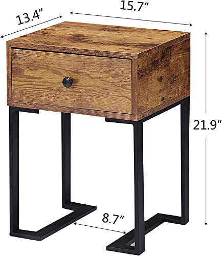 VECELO Nightstand with Storage Drawer, End/Side Table for Bedroom, Sturdy Metal Frame