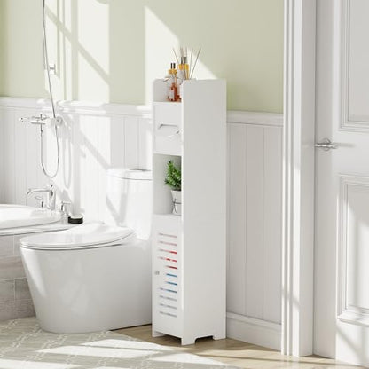 VECELO Storage Cabinet for Small Spaces,Skinny Toilet Paper Holder Stand with Anti-Drop Fence and Roller Storage, White - size: CV1
