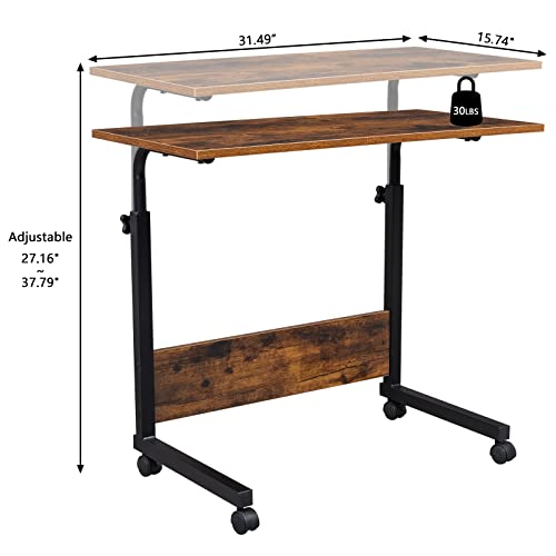 Karl home Mobile Side Table 31.5 Inch Computer Desk with Wheels Height Adjustable Rolling Potable Laptop Cart, C-Shaped Bed Couch End Tables with Edge Stopper for Livingroom Bedroom, Rustic Brown - color: Rustic Brown, size: 31.5"+No Power Sockets
