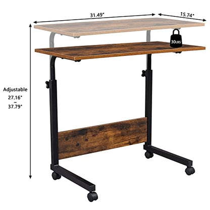 Karl home Mobile Side Table 31.5 Inch Computer Desk with Wheels Height Adjustable Rolling Potable Laptop Cart, C-Shaped Bed Couch End Tables with Edge Stopper for Livingroom Bedroom, Rustic Brown - color: Rustic Brown, size: 31.5"+No Power Sockets