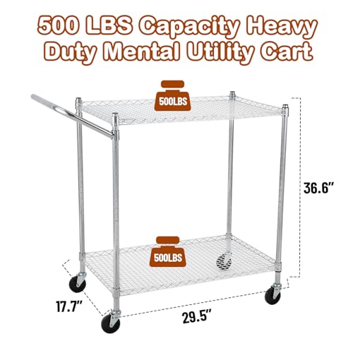 TrailBlaze Kitchen Utility Cart, 2-Tier Wire Rolling Utility Cart, Stainless Steel Service Cart w/Wheels and Adjustable Storage Rack Handle - for Laundry, Garage, Bathroom - Low Handle - size: 2-Tiers low handle