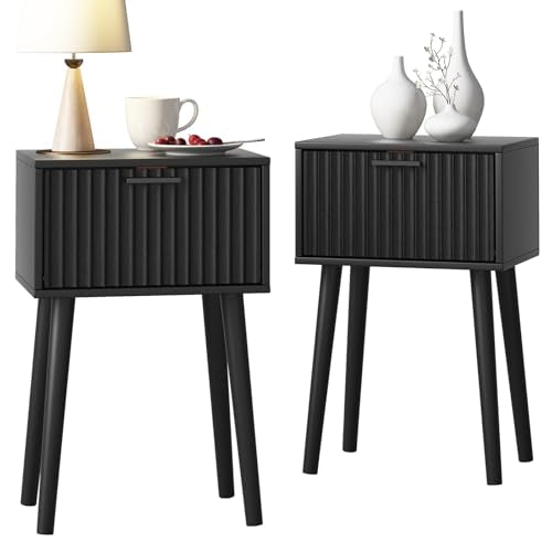 LAATOOREE Nightstands Set of 2, Small Side Table, Bedside Table with Fluted Door, Solid Wood Feet, Modern Mid-Century End Table for Bedroom, Small Space, Black - color: Black, style: Fluted Style