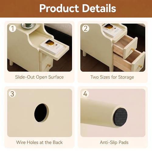 Nightstand with Drawers Set 2, Pre-Assembled, 19.7" H Natural Solid Wood Night Stand with Open Sliding Shelf, Mid Century Modern Small Bedside Table Cabinet for Bedroom, Cream 8" - color: Cream-2pack, size: 8"
