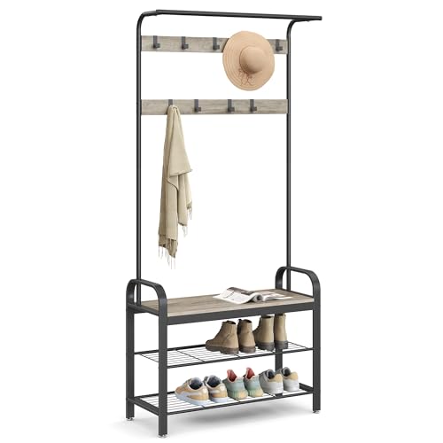 VASAGLE Coat Rack, Hall Tree with Shoe Bench for Entryway, Entryway Bench with Coat Rack, 4-in-1, with 9 Removable Hooks, a Hanging Rod, 13.3 x 33.1 x 72.1 Inches, Greige and Black UHSR400B02 - color: Greige + Black, size: 33.1"W