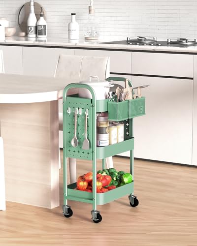 ALVOROG 3 Tier Rolling Cart with DIY Pegboards Metal Utility Cart with Wheels Handles Baskets Hooks, Storage Cart for Office Kitchen Bathroom(Green) - color: Green