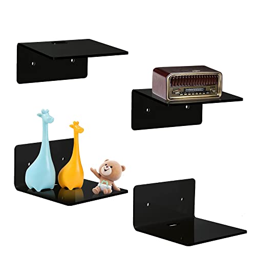 4 Pack Small Acrylic Floating Shelves, 4'' Acrylic Wall Shelves Display Ledges for Storage & Decoration, Mini Shelves for Wall with 2 Types of Installation (Adhesive or Screw) - color: Black