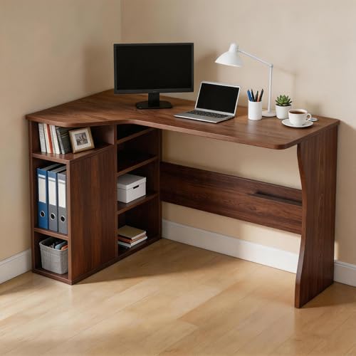 Garvee L Shaped Desk with Storage Shelves, Small Corner Desk for Small Spaces, Corner Table with 3 Tier Shelves, Home Office, Writing Study Gaming Desk, Walnut Wood - color: Walnut