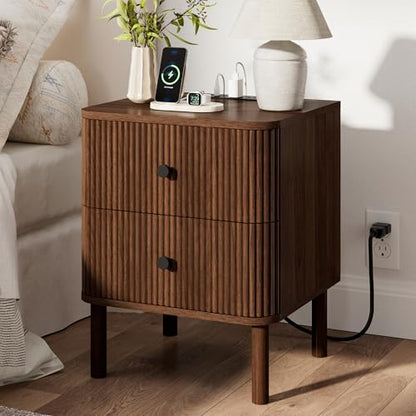 Fluted Night Stand with Charging Station, Soft Rounded Drawer Fronts & Solid Wooden Legs, 2 Drawer Walnut Night Stand, End Table w/Metal Knobs, FSC-Certified Wood, Bedside Table for Bedroom - color: Walnut - Rounded Drawer, size: 18"W