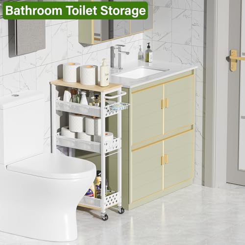 Utility Slim Storage Cart for Home Laundry Room, Bathroom, Kitchen | 4-Tier narrow rolling cart for small space, Holds tall bottles, Upgraded metal hub casters, Premium wood & metal mesh shelves