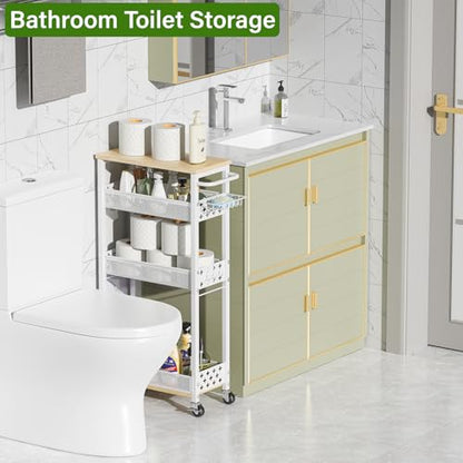Utility Slim Storage Cart for Home Laundry Room, Bathroom, Kitchen | 4-Tier narrow rolling cart for small space, Holds tall bottles, Upgraded metal hub casters, Premium wood & metal mesh shelves