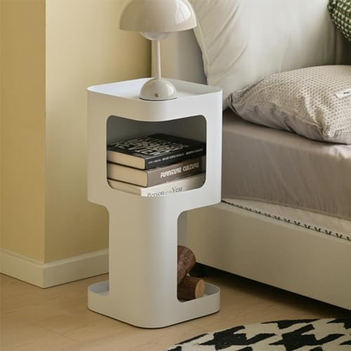 Modern Side Table, Small End Table for Small Spaces, Metal Nightstand with Storage Shelf, Space-Saving Bedside Table Accent Table Drink Tables for Living Room, Bedroom, No Assembly Required - color: White Trumpet