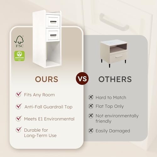 Narrow Nightstand Set of 2, Modern White Bedside Table with Drawers & Open Shelf, Modern End Table for Bedroom Small Spaces, Apartments, Renters - color: Narrow White
