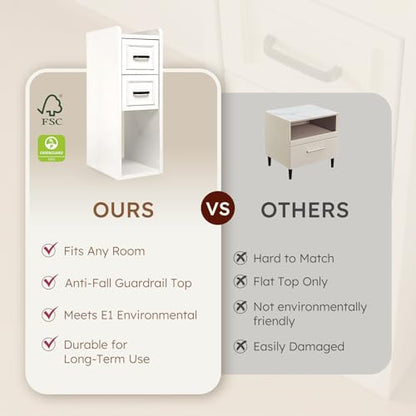 Narrow Nightstand Set of 2, Modern White Bedside Table with Drawers & Open Shelf, Modern End Table for Bedroom Small Spaces, Apartments, Renters - color: Narrow White