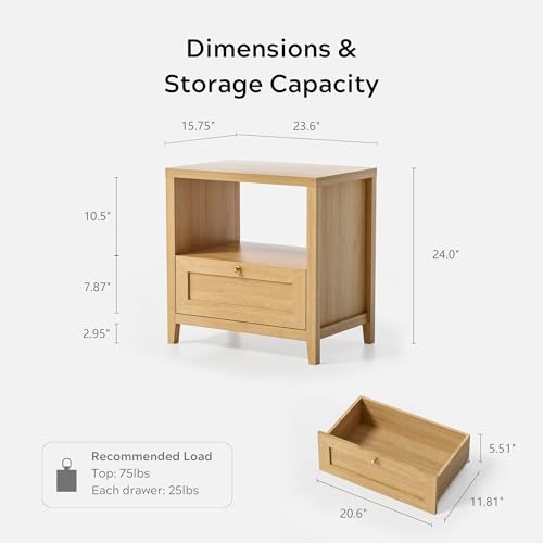 EYYTHUNG Wooden Nightstands Set of 2 with Drawer Modern 24" Wide End Table Night Stand Large Farmhouse Bedside Table with Open Shelf Mid Century Night Stands for Sofa, Natural Oak - color: Natural Oak, size: 2 PCS