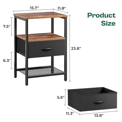 Huuger Nightstand Set of 2, Night Stand with Fabric Drawer, Mesh Shelf, Side Table with Storage, Fabric Drawer Dresser, Open Shelf, Metal Frame, Bedroom, Rustic Brown and Black - color: Rustic Brown and Black