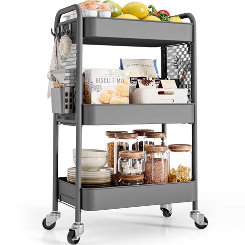 TOOLF 3 Tier Rolling Cart Storage Organizer, Metal Rolling Utility Cart with Wheels, Hooks & Bins Esthetician Craft Art Sturdy Storage with Pegboard for Bathroom, Kitchen, Office, Nursery Diaper - color: Gray, size: 3-Tier