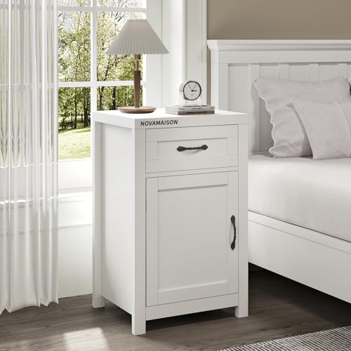 White Nightstand with Drawer, Farmhouse End Table with Storage Cabinet and Adjustable Shelf, 30" Tall Bedside Table Rustic Wood Sofa Side Table for Living Room, Bedroom - color: White, size: 1pc