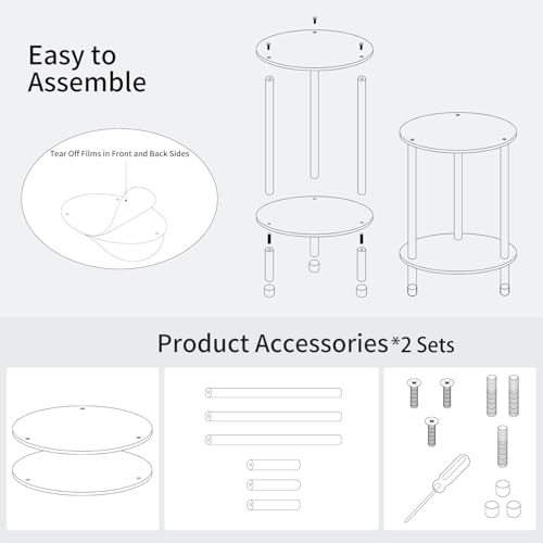 Clear Round Acrylic Side Table Set of 2 for Small Spaces, 11.81" L x 11.81" W x 19.82" H, 2 Tier Small Modern Drink End Table Nightstand, Mini Bedside Table for Living Room, Bedroom, Bathroom - size: 2 Tier 2-Pack (19.82"H)