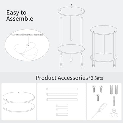 Clear Round Acrylic Side Table Set of 2 for Small Spaces, 11.81" L x 11.81" W x 19.82" H, 2 Tier Small Modern Drink End Table Nightstand, Mini Bedside Table for Living Room, Bedroom, Bathroom - size: 2 Tier 2-Pack (19.82"H)