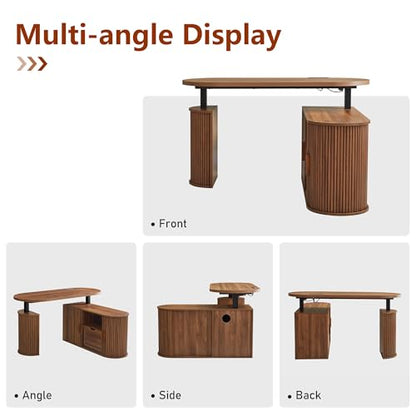 55" L Shaped Standing Desk with Storage, Oval Electric Desk Height Adjustable Executive Desk with File Drawer, Fluted Wood Desk Office Sit Stand up Desk for Work, Study, Writing, Walnut - color: 55'' L Shape Walnut