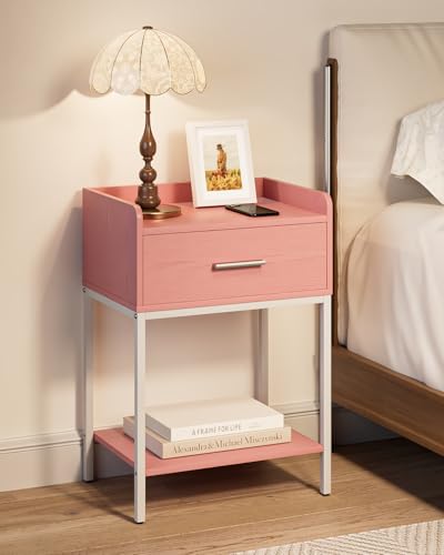 Nightstand,Modern Bedside Table Night Stand with Storage Drawer and Open Shelf,Small End Side Table for Bedroom,Living Room,Pink - color: Pink