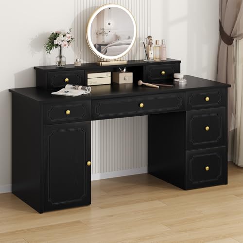 Catrimown Black Desk with 7 Drawers, 54 Inch Computer Desk with Cabinet for Work Writing Study, Vanity Desk with Golden Handle for Girls, Bedroom - color: Black