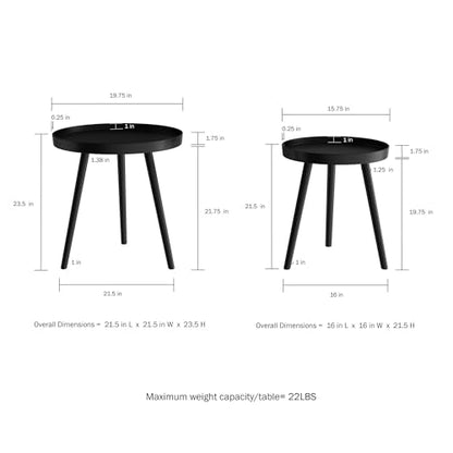 Lavish Home Nesting Side Tables, Black, Set of 2, 21.5”/16” | Round End Tables with Tray Tops for Living Room, Bedroom, or Home Office, Mid-Century Modern Living Room Furniture