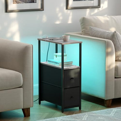 TUTOTAK Small Narrow LED End Table with Charging Station, Side Table Outlets, Nightstand with 2 Cloth Drawers, Set of 2, Couch Table, for Living Room, Bedroom, Bedside, Greige TB01BG056 - color: Greige, style: 2 Drawers with Plug & Light
