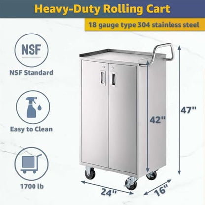 16" x 24" Five Shelf Stainless Steel Utility Cart with Enclosed Base and Locking Doors - 18-Gauge 304 Commercial Heavy-Duty Service Cart - NSF Mobile Storage Cart for Kitchen, Catering, Restaurant - size: 5 Shelf
