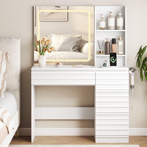 Makeup Vanity Desk with Lights, Fluted Vanity with 4 Drawers, Open Shelves, Power Outlet, LED Lighted Mirror, 3 Lighting Modes & Brightness Adjustable, Wood Dressing Table for Bedroom,White - color: White
