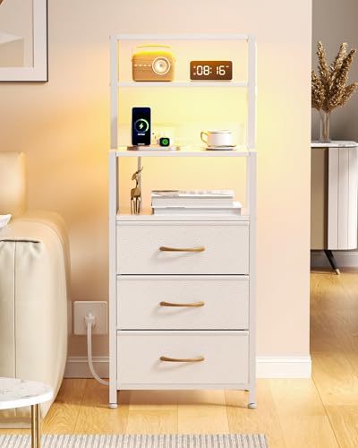 Tall Night Stand, White Bedside Nightstand with Charger Station | 4-Tier Shelves and 3 Fabric Drawers, LED Bed Side Tables with Charging Station, Tall Dresser for Bedroom, Hallway, Office - color: White, size: 3 Drawer