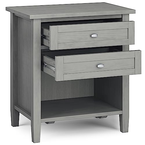 SIMPLIHOME Warm Shaker Bedside Table - 24 inch Wide Solid Wood Nightstand in Fog Grey, Transitional Bedroom Side or End Table with 2 Drawers, Open Shelf Storage and Brushed Nickel Hardware - color: Fog Grey