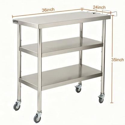 Garvee Stainless Steel Straight Edge Work Table 36 inch Triple Layer with Casters & Garbage Shelf, Heavy Duty Commercial Prep Table, 0.7mm Thick - size: 36*24*35inch - with casters + trash rack