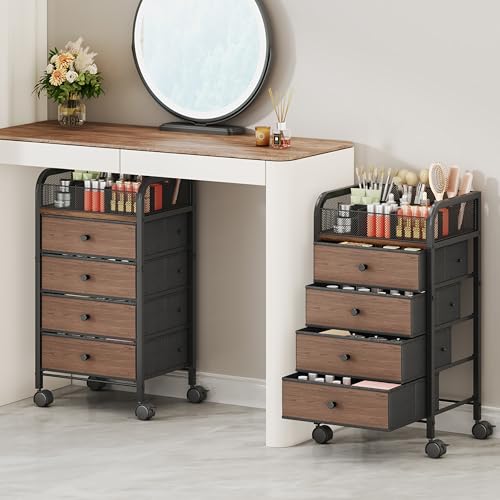 SWTYMIKI Rolling Makeup Organizer Cart - 14.96″*11.81″*27.55″ Widened Under Desk Vanity Storage with 4 Non-woven Drawers, Cosmetic Display Cases for Skin Care Perfume Nail Polish Brush Hair Tool Black - color: Black, size: XL 5-Tier