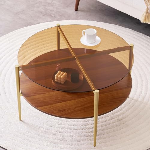 LumFurn Round Coffee Table, Mid-Century Modern Design, D30 x H17, for Living Room, 2-Tier Structure, Amber Glass Top and Walnut MDF Shelf, Sleek Conical Metal Legs with Gold Finish - color: Amber & Walnut, size: D30" Round Coffee Table