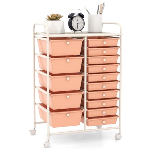 GOFLAME 15-Drawer Rolling Storage Cart, Craft Storage Cart with Removable Drawers & Lockable Wheels, Art Cart Supply Storage Organizer for Home Office Classroom, Peach Fuzz - color: Peach Fuzz, size: 15 drawer-25"x14.5"x34.5"