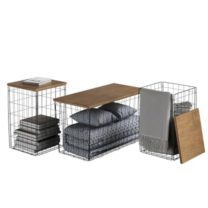Lavish Home End Tables and Coffee Table Set of 3, Brown/Black | 31.5”/14.13” Foldable Living Room Tables with Metal Storage Baskets and Removable Lids, 2 Small Side and 1 Large Coffee Table - color: Brown Square 3