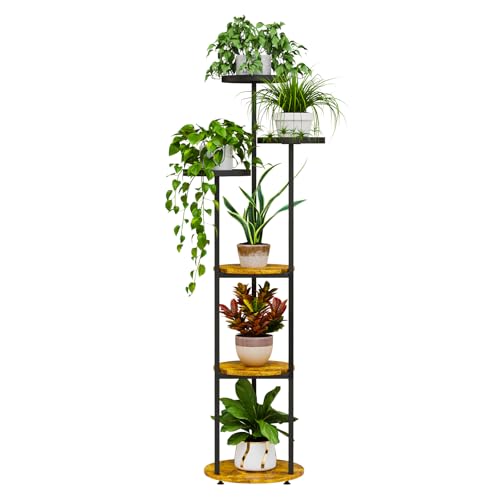 Plant Stand 6 Tier Indoor Metal Plant Shelf for Multiple Plants Corner Tall Flower Holders for Living Room Bedroom Balcony, Black (6 Tier-Black+Rustic Brown) - size: 6 Tier-Black+Rustic Brown