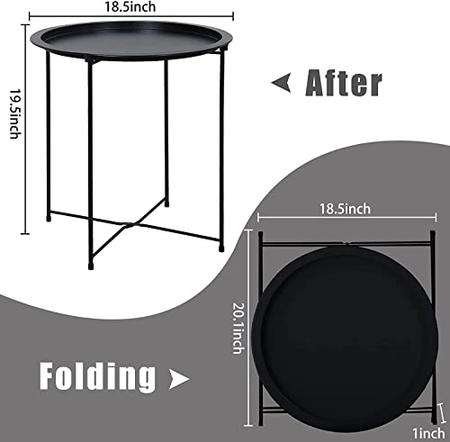 Garden 4 you End Table 2 PCS Metal Side Table Black Round Folding Tray Cyan Sofa Small Accent Fold-able Table, Round End Table Tray, Next to Sofa Table, Snack Table for Living Room and Bed Room - color: Black