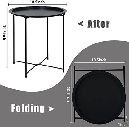 Garden 4 you End Table 2 PCS Metal Side Table Black Round Folding Tray Cyan Sofa Small Accent Fold-able Table, Round End Table Tray, Next to Sofa Table, Snack Table for Living Room and Bed Room - color: Black