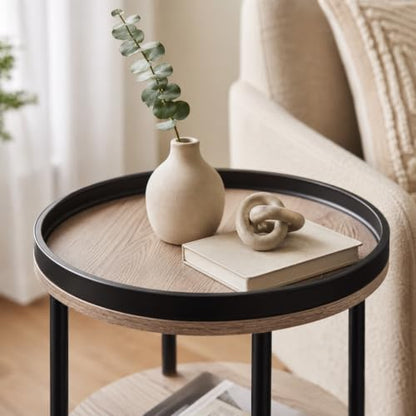 Small Round Side Table, Oak Round End Table for Living Room & Bedroom, Modern 3-Tier Nightstand with Storage Shelf, 11.8" Narrow Accent Table for Small Spaces, Nursery, Plant Stand,Natural Wood Finish - color: Oak, style: Classic
