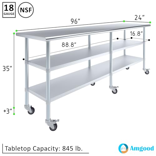AmGood Stainless Steel Work Table with 2 Shelves and Casters | Metal Utility Table On Wheels (Stainless Steel, 96" Long x 24" Deep) - size: 96" Long x 24" Deep