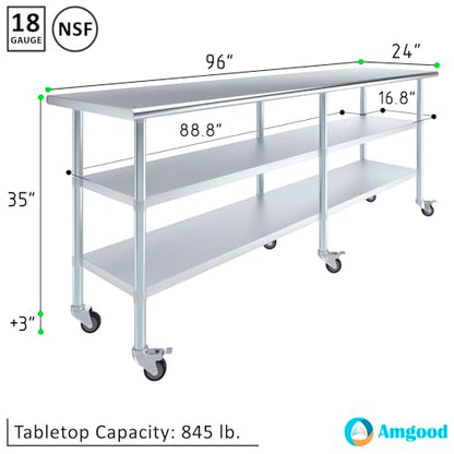 AmGood Stainless Steel Work Table with 2 Shelves and Casters | Metal Utility Table On Wheels (Stainless Steel, 96" Long x 24" Deep) - size: 96" Long x 24" Deep