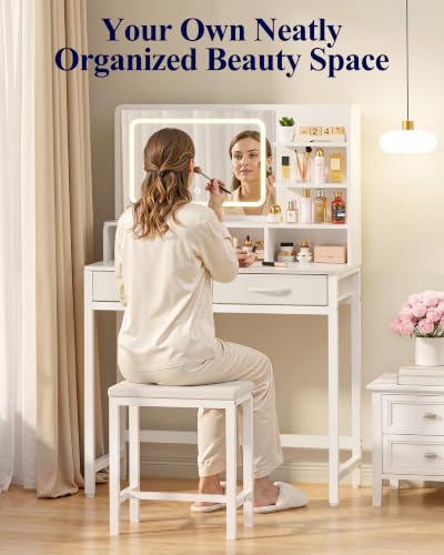 Kitsure Small Makeup Vanity with Lights, Open Shelves, Fabric Drawers | Bedroom, Gifting, 3 Lighting Modes, Stable Frame, 31.5" x 15.8" x 51.2"
