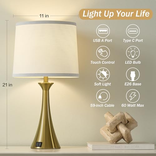 Touch Lamp for Living Room Bedroom, 21" Table Lamps Set of 2 with USB C+A Ports and White Lamp Shades, 3 Way Dimmable Gold Touch Bedside Lamps for Nightstand, 2 LED Bulbs Included - color: Gold & White Shade