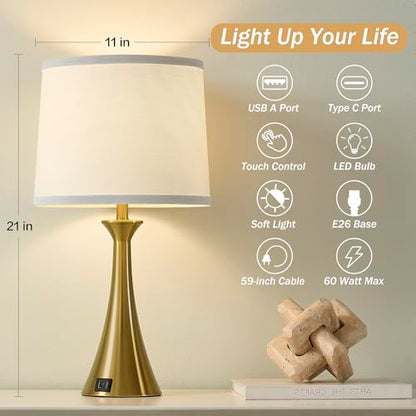 Touch Lamp for Living Room Bedroom, 21" Table Lamps Set of 2 with USB C+A Ports and White Lamp Shades, 3 Way Dimmable Gold Touch Bedside Lamps for Nightstand, 2 LED Bulbs Included - color: Gold & White Shade