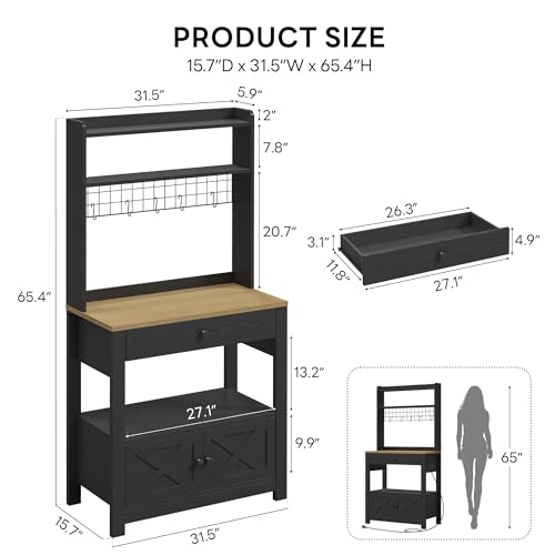LIKIMIO Baker Rack with Spill-Safe Power Outlet & Drawer, Black | Coffee Bar Cabinet with Storage, Farmhouse Microwave Stand with Hutch and 5 Hooks for Kitchen - color: Black