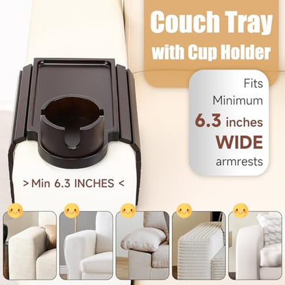 Couch Cup Holder Tray, 2 in 1 Bamboo Couch Armrest Table Clip on Sofa Armrest Table,Foldable Anti Silp Arm Rest Side Tray for Drink Coffee Mug, Snacks, Remote - color: Black Walnut