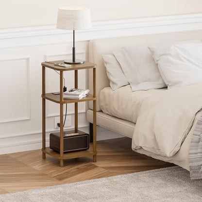 Bamboo End Table with Charging Station, Side Table for Small Space, Small Table Stand, Narrow Wooden Bedside Table Nightstand with Shelves, for Nursery, Living Room, Bedroom, Brown - color: Brown